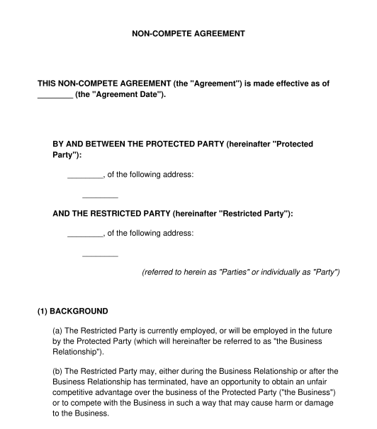 Non Compete Agreement Sample Template Word And Pdf