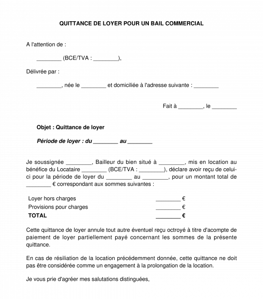 Quittance de Loyer pour un Bail Commercial Modèle
