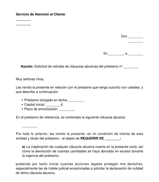 Carta Solicitando La Retirada De Cl Usulas Abusivas