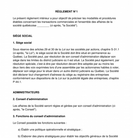 Règlement Intérieur de la Société par Actions Modèle