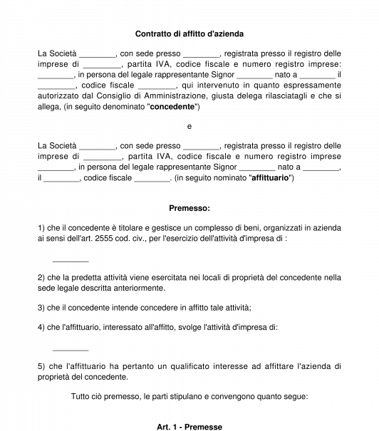 Contratto Di Affitto D Azienda Modello Word E Pdf