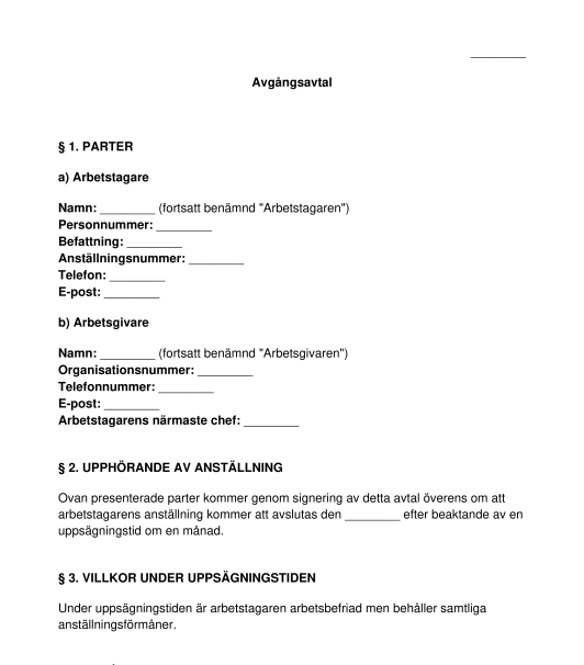 Avgångsavtal mall exempel att fylla i Word och PDF
