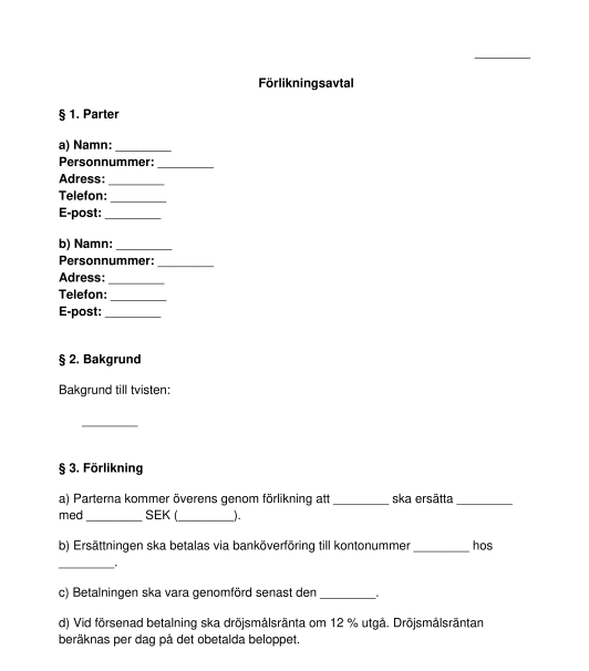 F Rlikningsavtal Mall Exempel Online Word Och Pdf