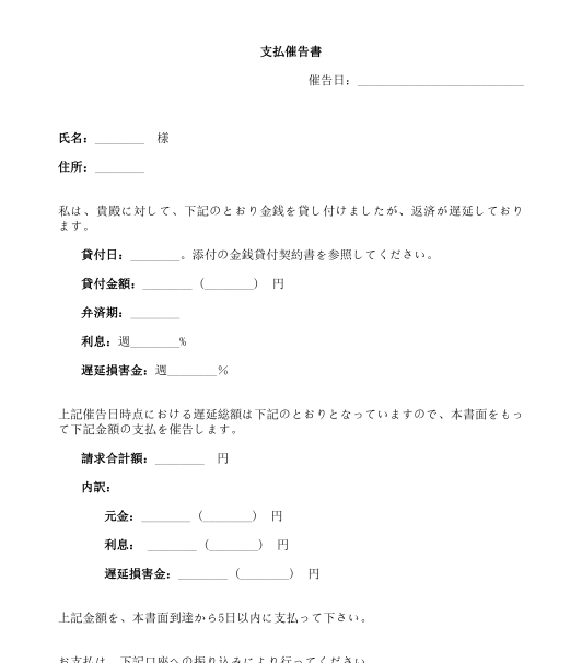 支払催告書 テンプレート Wordとpdf形式で記入するサンプル文書