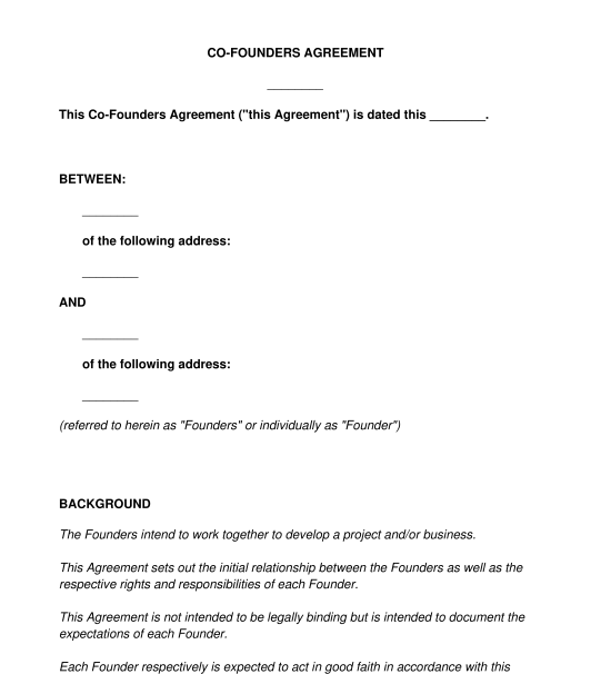 Agreement Between Co Founders Non Binding Template