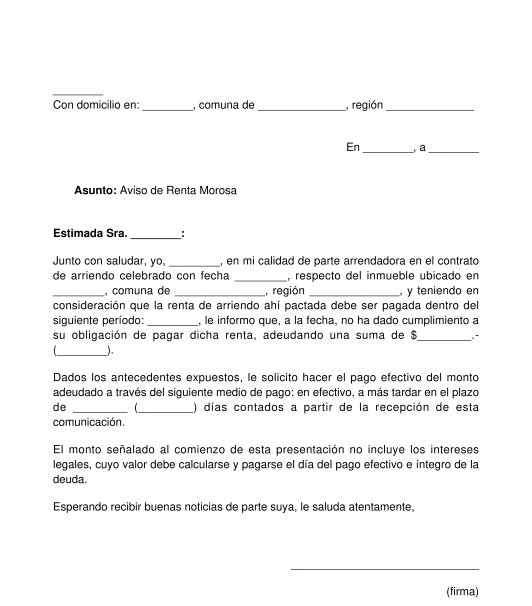 Aviso de Renta Morosa - Modelo en Formatos Word y PDF