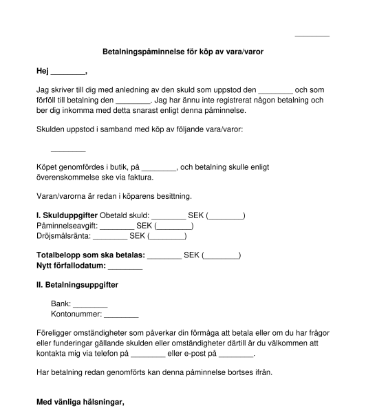 Betalningspåminnelse för köp av varor