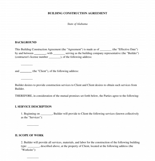 Building Construction Agreement Sample Template