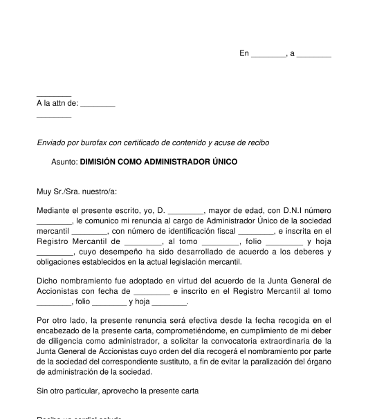 Carta de Dimisión como Administrador de Sociedad Mercantil