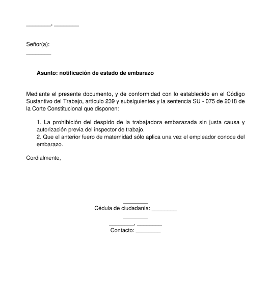 Carta para informar estado de embarazo al empleador