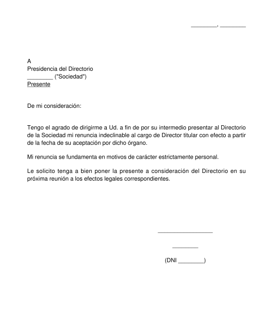 Carta de Renuncia como Director de S.A. - Modelo