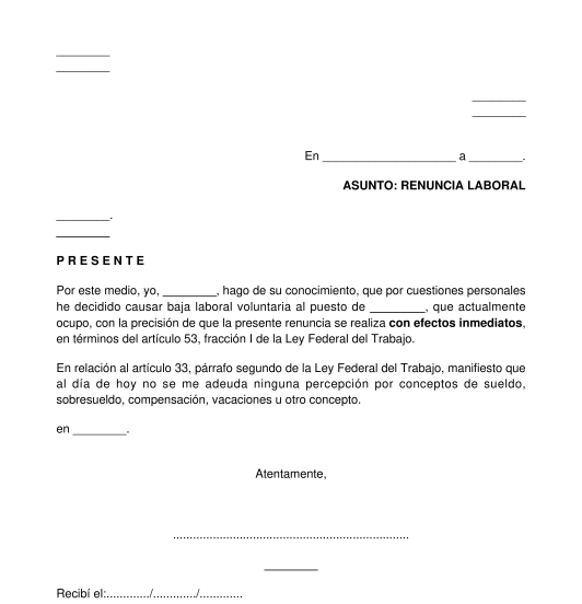 Carta de Renuncia Voluntaria - Modelo  Word y PDF