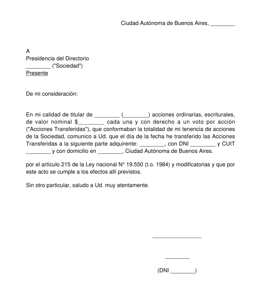 Carta de Transferencia de Acciones de . - Modelo