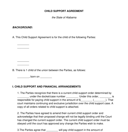 Child Support Agreement Template Word PDF