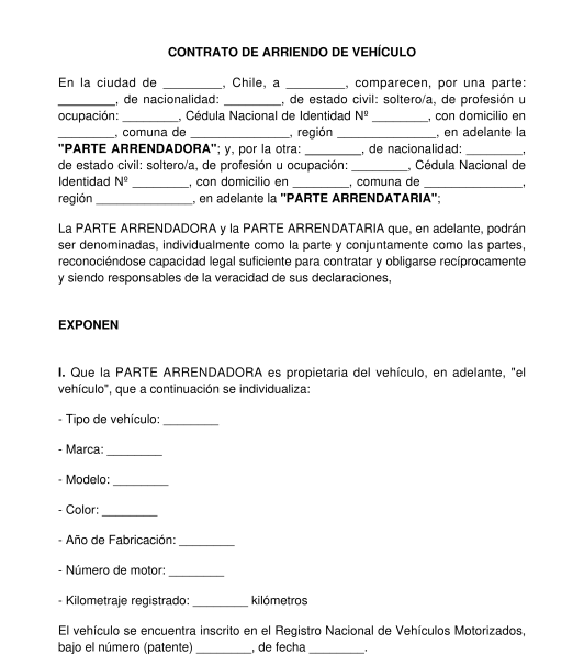 Contrato de Arriendo de Vehículo - Modelo | Word y PDF