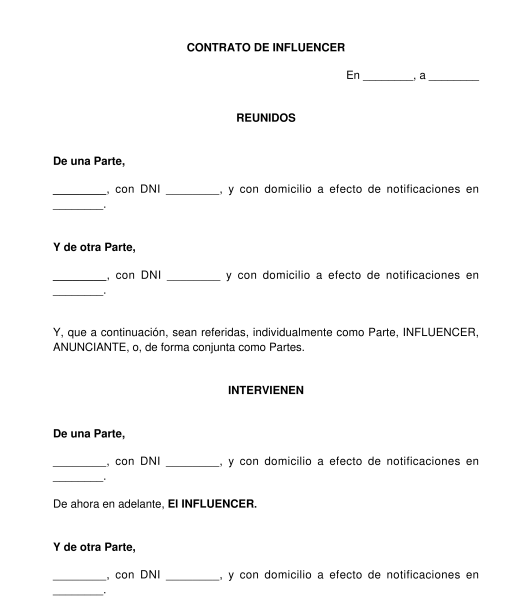 Contrato de Influencer - Modelo, Formato - Word y PDF