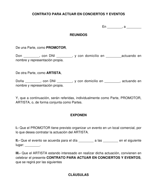 Contrato para Actuar en Conciertos y Eventos - Modelo