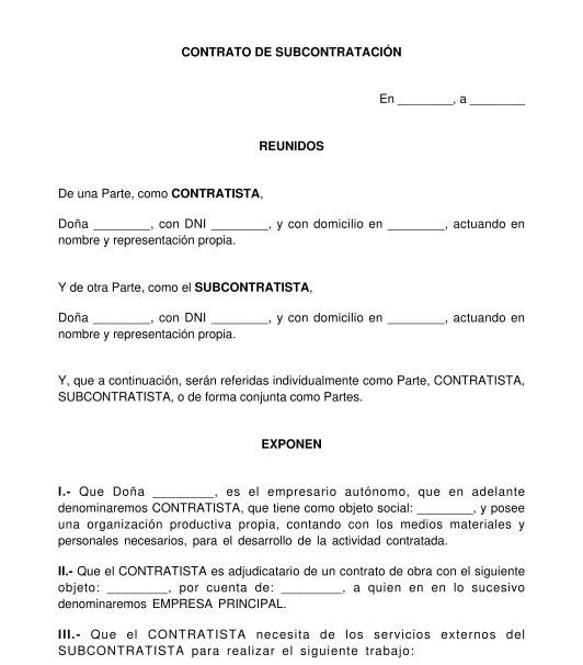 Contrato de Subcontratación - Modelo - Word y PDF