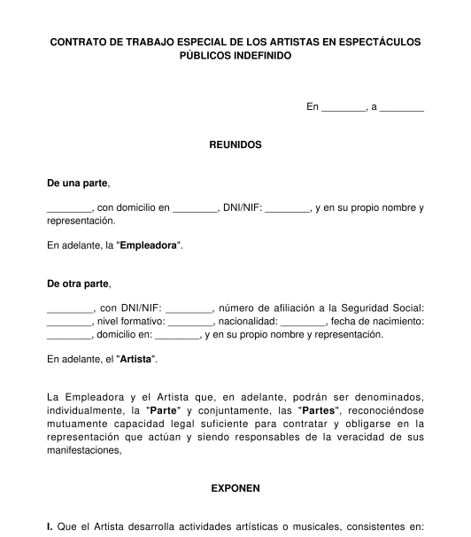 Contrato de Trabajo de Artistas - Modelo - Word y PDF