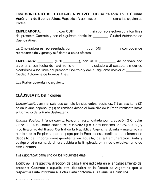 Contrato de Trabajo a Plazo Fijo - Modelo (Word y PDF)