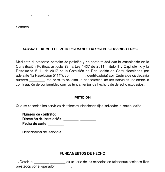 Derecho de petición para cancelación de plan de telecomunicaciones