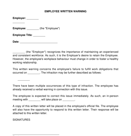 Employee Written Warning Template Word PDF