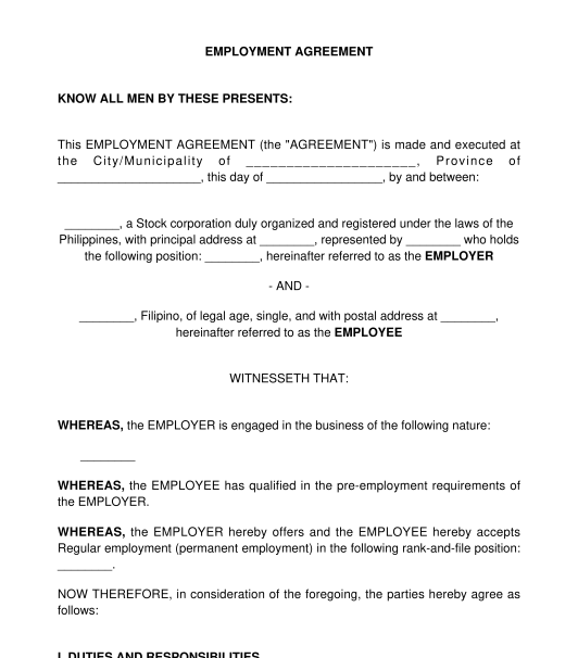 Employment Contract - Sample Template - Word and PDF