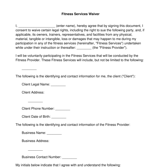 Fitness Services Waiver Template Word PDF