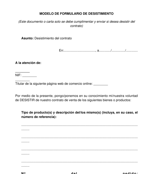 Formulario de Desistimiento - Modelo - Word y PDF