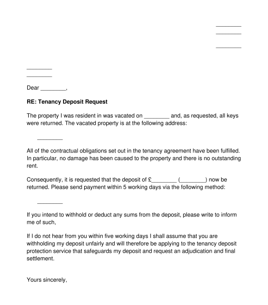 Letter To Request Return Of Tenancy Deposit Template