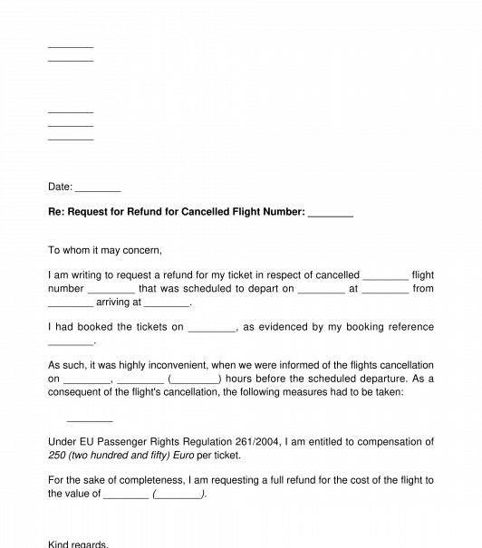 Letter Requesting Refund For A Cancelled Or Delayed Flight