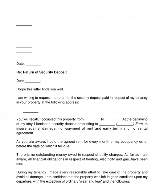 Letter Requesting Return Of Tenancy Deposit Template