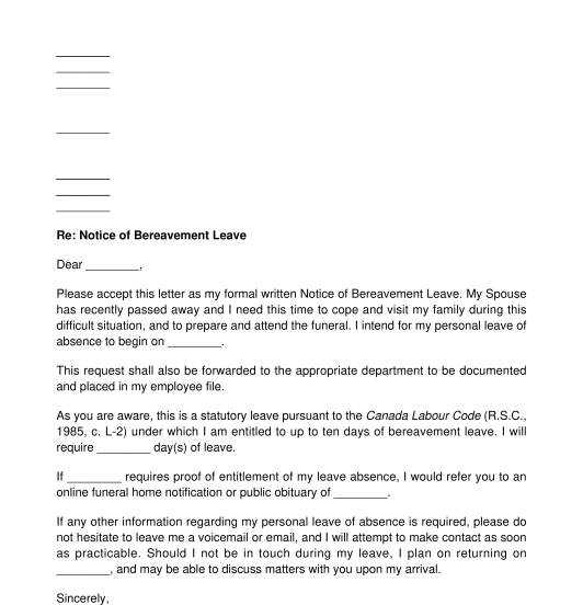 Notice Of Bereavement Leave Template Word PDF