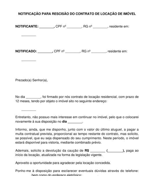 Notificação para rescisão do contrato de locação de imóvel pelo locatário