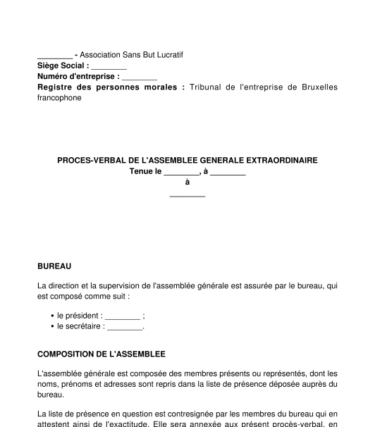 Procès-verbal d'une assemblée générale extraordinaire d'une association sans but lucratif ASBL