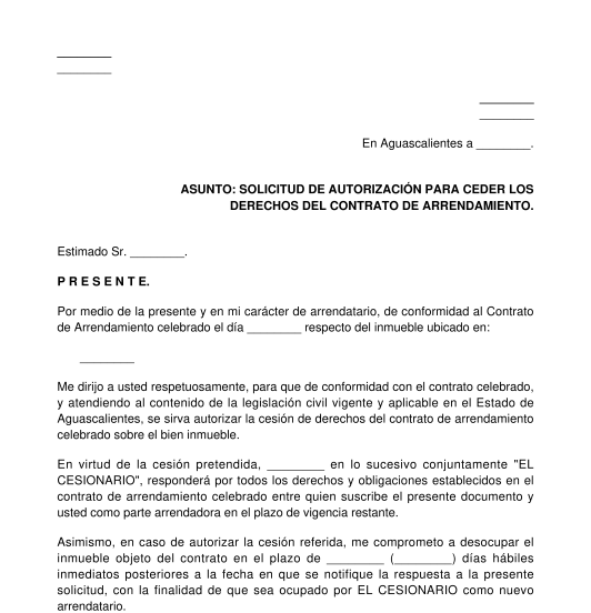 Solicitud de autorización al arrendador para ceder los derechos de arrendamiento de un inmueble