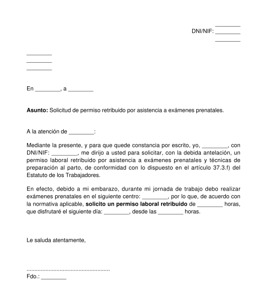 Solicitud de permiso laboral retribuido por asistencia a exámenes prenatales y técnicas de preparación al parto