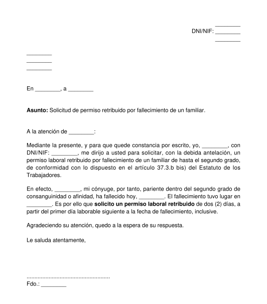 Solicitud de permiso laboral retribuido por fallecimiento de un familiar