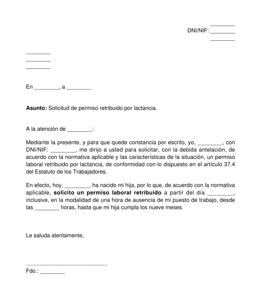 Solicitud de permiso laboral retribuido por lactancia