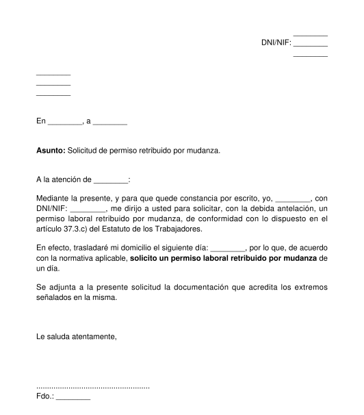 Solicitud de permiso laboral retribuido por mudanza