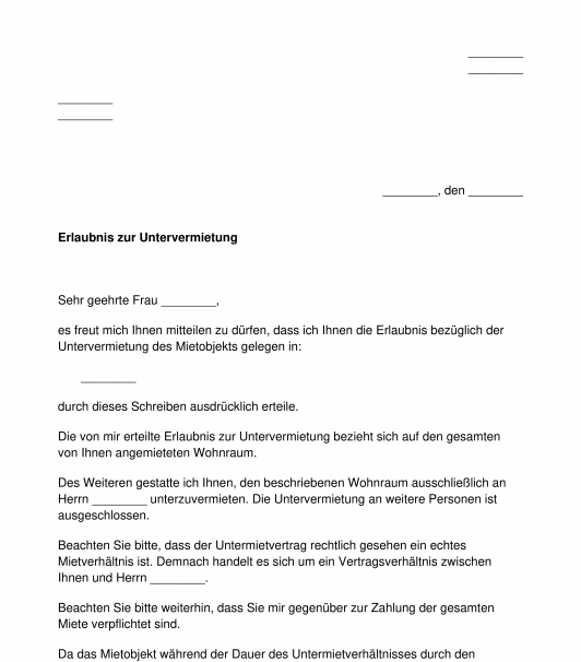 Untervermietungserlaubnis  Vorlage, Standardbeispiel