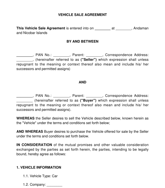  Vehicle Sale Agreement Template Word PDF