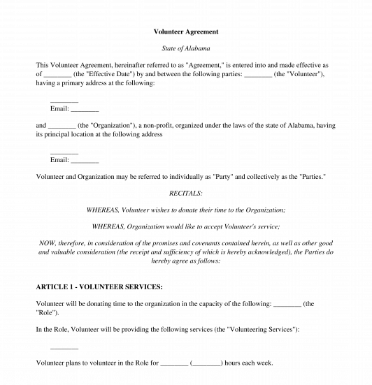 Volunteer Agreement Sample Template Word PDF