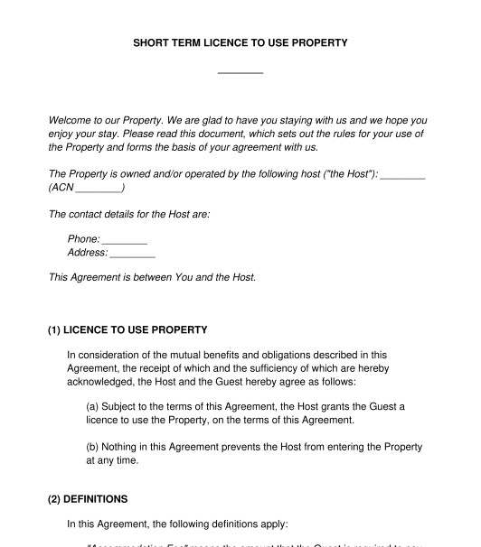 licence-agreement-holiday-rental-sample-template