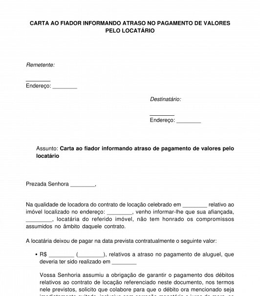 Carta Ao Fiador Informando Atraso No Pagamento De Valores Pelo Locatário 7749