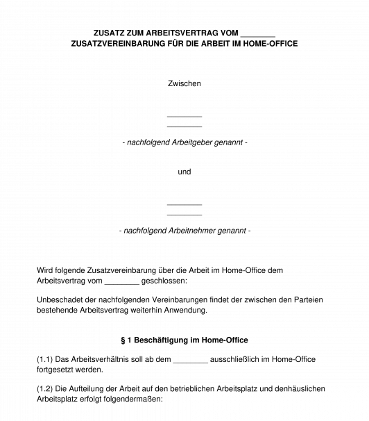 Home-Office-Vereinbarung - Zusatz Zum Arbeitsvertrag
