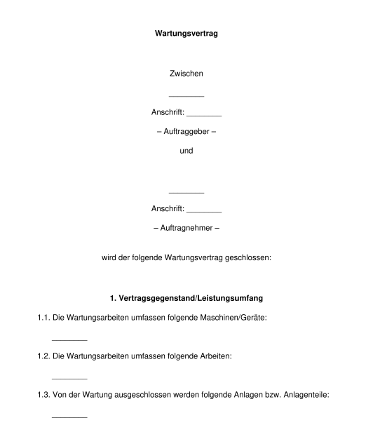 Wartungsvertrag - Muster, Vorlage Online - Word Und PDF