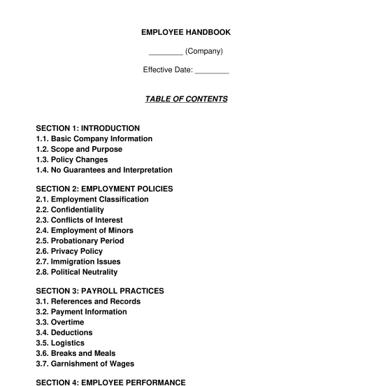 Employee Handbook - Sample, Template - Word & PDF