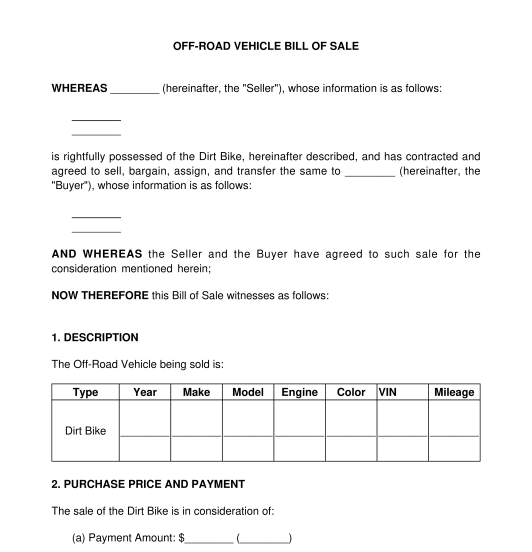 Off Road Vehicle Bill Of Sale Template Word And Pdf 4157