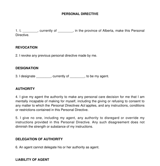 Personal Directive Sample Template Word PDF